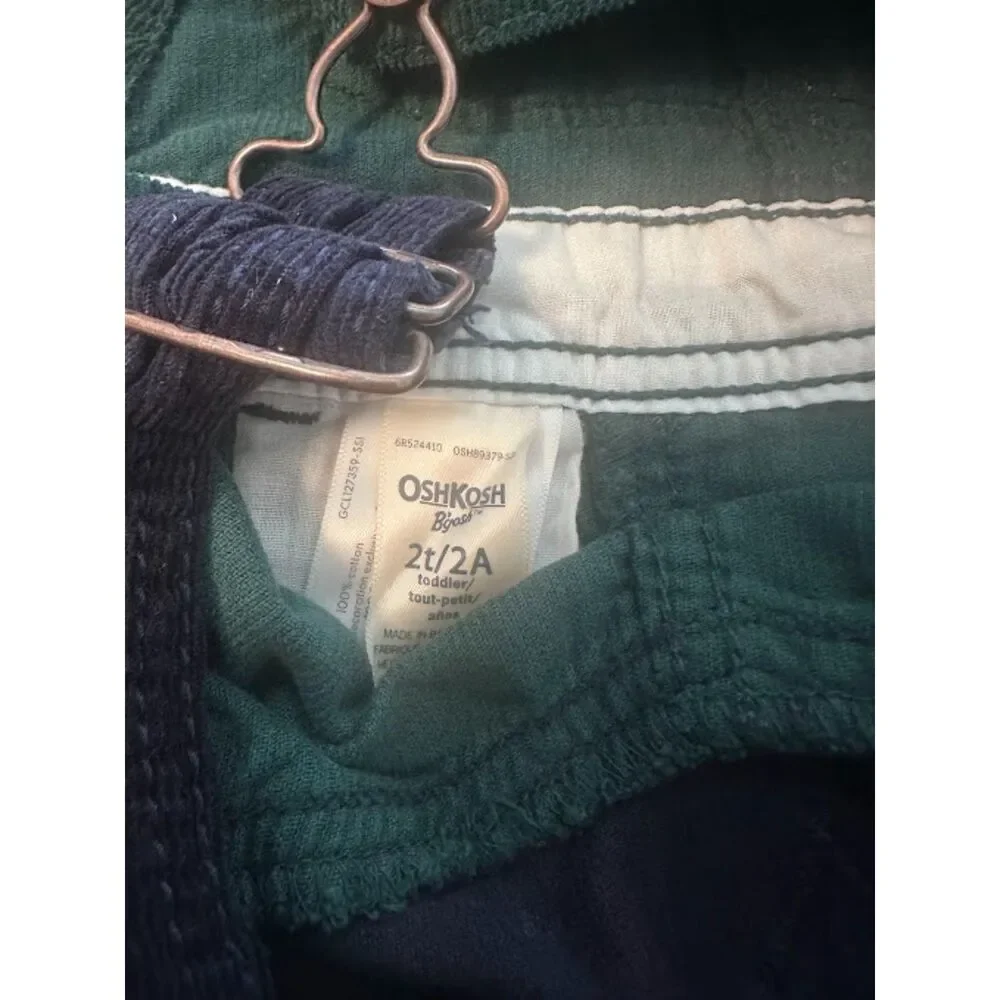 OshKosh B'gosh 2T Green Corduroy Overalls Navy Bib Toddler